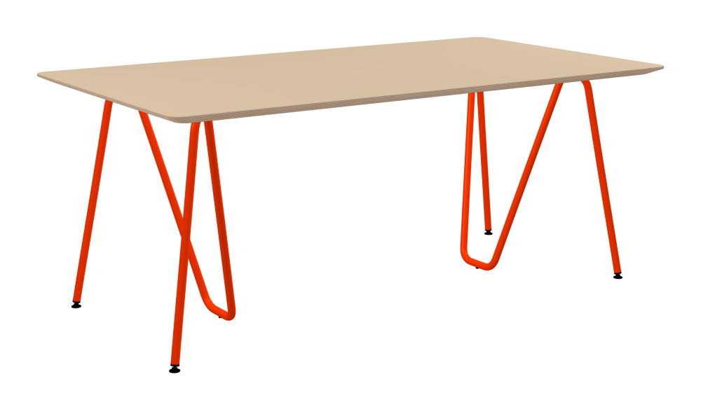 SINUS Tisch - Form Eckig - Länge 180,00 cm - Tiefe 100,00 cm - Radius 4,00 cm - Stärke 2,6 cm - Freiformfläche 1.00000000 - Oberseite Linoleum, 4007 Macadamia - Kern Multiplex Birke - Kantenschräge 25° / SINUS Tischböcke - Material und Farbe Stahl, Pulverbeschichtet, Blutorange (RAL 2002) - Größe L: L 74 × B 36 × H 72 cm