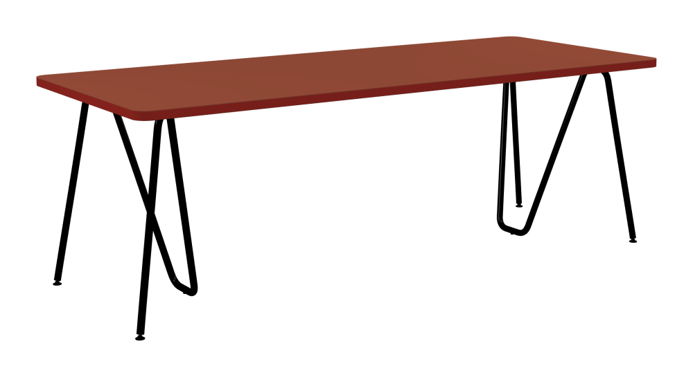SINUS Tisch - Form Eckig - Länge 220,00 cm - Tiefe 90,00 cm - Radius 5,00 cm - Stärke 3 cm - Freiformfläche 1.00000000 - Oberseite Linoleum, 4008 Brick - Kern Stäbchenplatte - Kante Linoleum, 4164 Salsa – Auslaufmodell - Kantenschräge 90° / SINUS Tischböcke - Material und Farbe Stahl, Pulverbeschichtet, Tiefschwarz (RAL 9005) - Größe L: L 74 × B 36 × H 72 cm