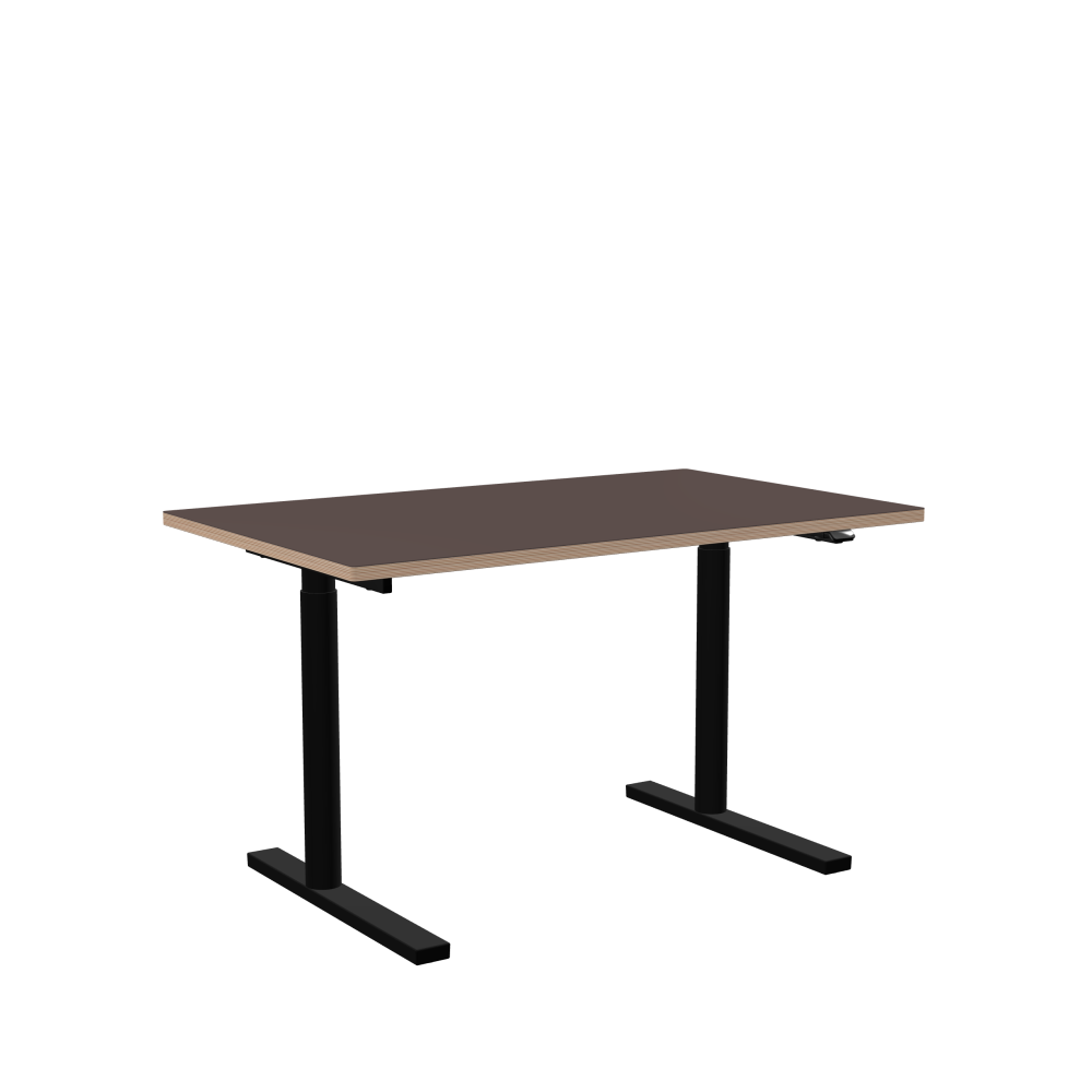 ATS Desk - Shape Square - Length 130.00 cm - Width 80.00 cm - Radius 1.00 cm - Thickness 2.6 cm - Freeform 1.00000000 - Surface Linoleum, 4172 Mauve - Core Birch Plywood - Profile Edge 90° / ATS Desk Frame - Material and Colour Powder coated, Jet black (RAL 9005) - Size L 106 × W 71 cm - Lifting Columns Round - Control Unit Standard