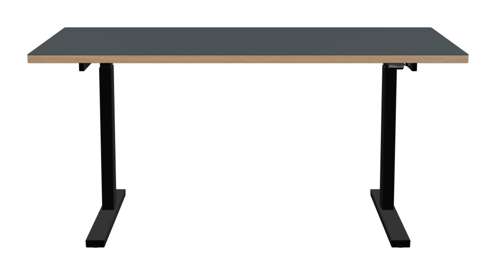 ATS Desk - Shape Square - Length 160.00 cm - Width 80.00 cm - Radius 1.00 cm - Thickness 3 cm - Surface Linoleum, 4155 Pewter - Core Laminboard - Edge Wood, Larch - Profile Edge 90° / ATS Desk Frame - Material and Colour Powder coated, Jet black (RAL 9005) - Size L 126 × W 71 cm - Lifting Columns Rectangle - Control Unit Standard
