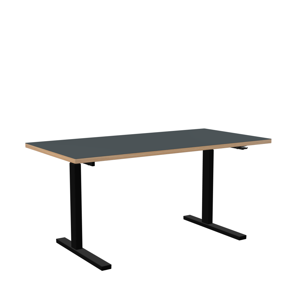 ATS Desk - Shape Square - Length 160.00 cm - Width 80.00 cm - Radius 1.00 cm - Thickness 3 cm - Surface Linoleum, 4155 Pewter - Core Laminboard - Edge Wood, Larch - Profile Edge 90° / ATS Desk Frame - Material and Colour Powder coated, Jet black (RAL 9005) - Size L 126 × W 71 cm - Lifting Columns Rectangle - Control Unit Standard
