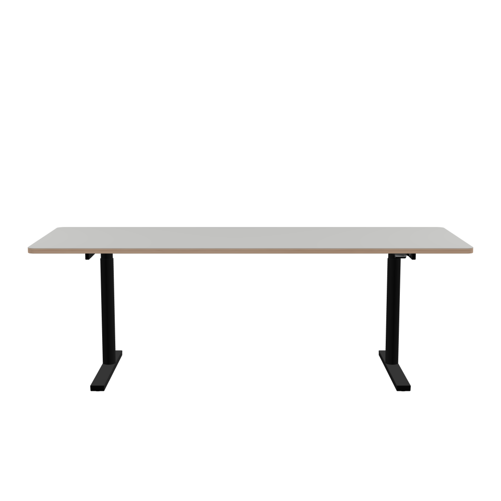 ATS Schreibtisch - Form Eckig - Länge 220,00 cm - Tiefe 80,00 cm - Radius 4,00 cm - Stärke 2,6 cm - Freiformfläche 1.00000000 - Oberseite Linoleum, 4175 Pebble - Kern Multiplex Birke - Kantenschräge 90° / ATS Schreibtischgestell - Materialien und Farben Pulverbeschichtet, Tiefschwarz (RAL 9005) - Größe L 166 x B 71 cm - Motorsäule Rund - Bedienelement Standard