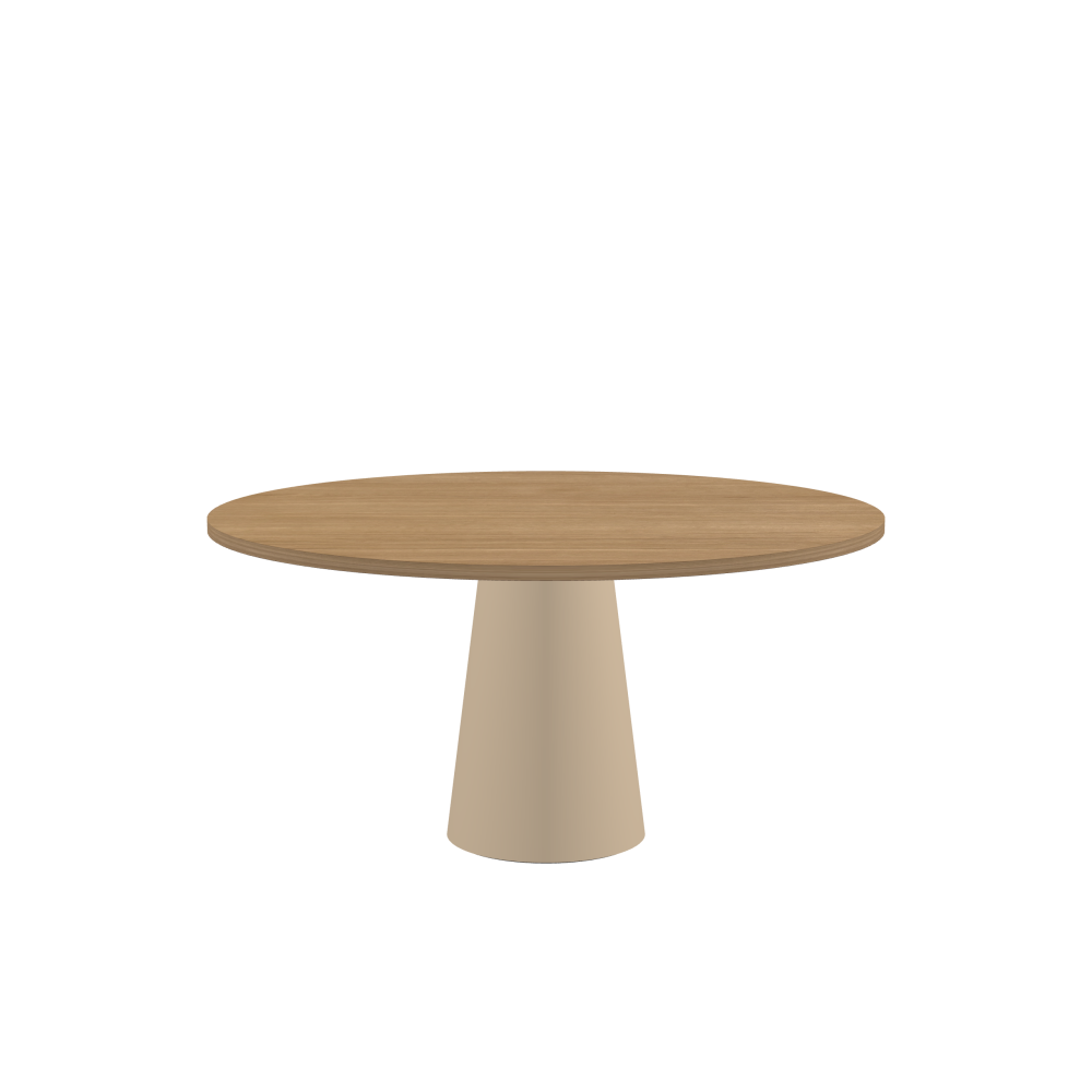 ALT Tisch - Form Rund - Länge 150,00 cm - Tiefe 150,00 cm - Stärke 2,9 cm - Freiformfläche 1.00000000 - Oberseite Holzfurnier, Eiche - Kern Stäbchenplatte - Kante Holz, Eiche - Kantenschräge 90° / ALT Tischsäule - Oberseite Linoleum, 4007 Macadamia - Größe L: Ø 42 × H 72 cm