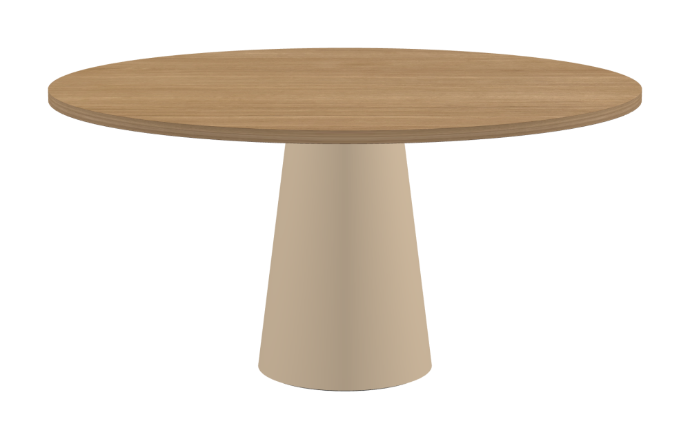 ALT Tisch - Form Rund - Länge 150,00 cm - Tiefe 150,00 cm - Stärke 2,9 cm - Freiformfläche 1.00000000 - Oberseite Holzfurnier, Eiche - Kern Stäbchenplatte - Kante Holz, Eiche - Kantenschräge 90° / ALT Tischsäule - Oberseite Linoleum, 4007 Macadamia - Größe L: Ø 42 × H 72 cm