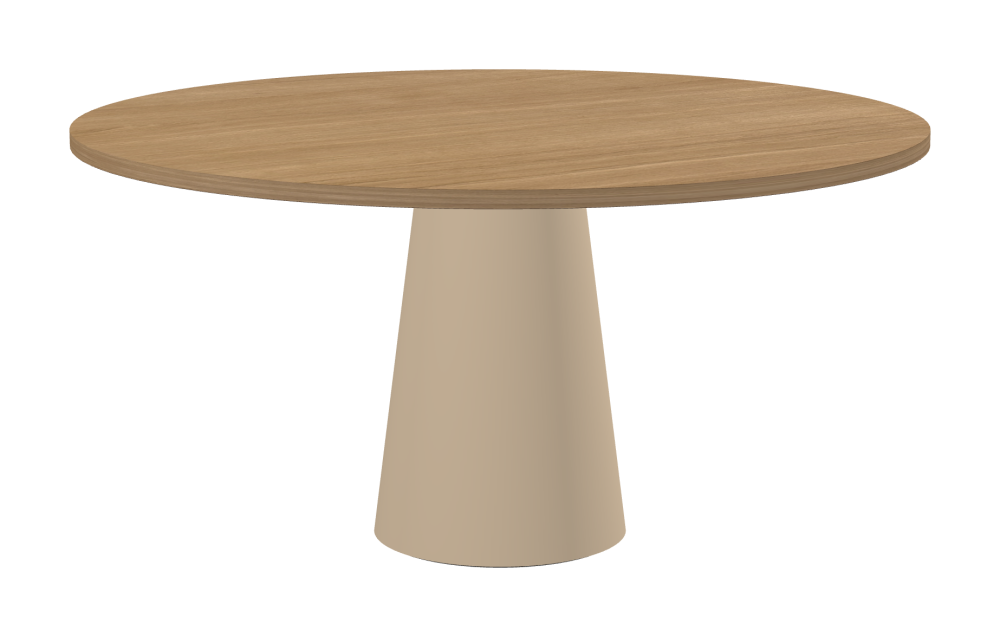 ALT Tisch - Form Rund - Länge 150,00 cm - Tiefe 150,00 cm - Stärke 2,9 cm - Freiformfläche 1.00000000 - Oberseite Holzfurnier, Eiche - Kern Stäbchenplatte - Kante Holz, Eiche - Kantenschräge 90° / ALT Tischsäule - Oberseite Linoleum, 4007 Macadamia - Größe L: Ø 42 × H 72 cm