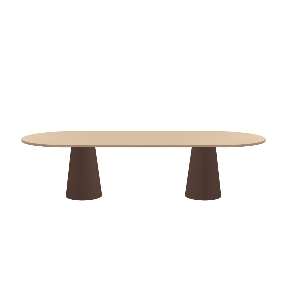ALT Tisch - Form Eckig - Länge 300,00 cm - Tiefe 120,00 cm - Radius 60,00 cm - Stärke 2,6 cm - Freiformfläche 1.00000000 - Oberseite Linoleum, 4007 Macadamia - Kern Multiplex Birke - Kantenschräge 90° / ALT Tischsäule - Oberseite Linoleum, 4009 Espresso - Größe L: Ø 42 × H 72 cm