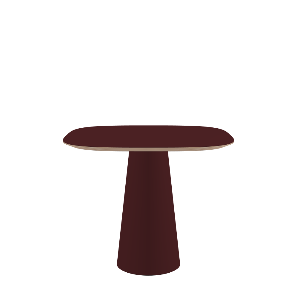 ALT Table - Shape Superellipse - Length 90,00 cm - Width 90,00 cm - Superellipse Exponent 3,50  - Thickness 2.6 cm - Freeform 1.00000000 - Surface Linoleum, 4154 Burgundy - Core Birch Plywood - Profile Edge 25° / ALT Table Stand - Surface Linoleum, 4154 Burgundy - Size S: Ø 36 × H 72 cm
