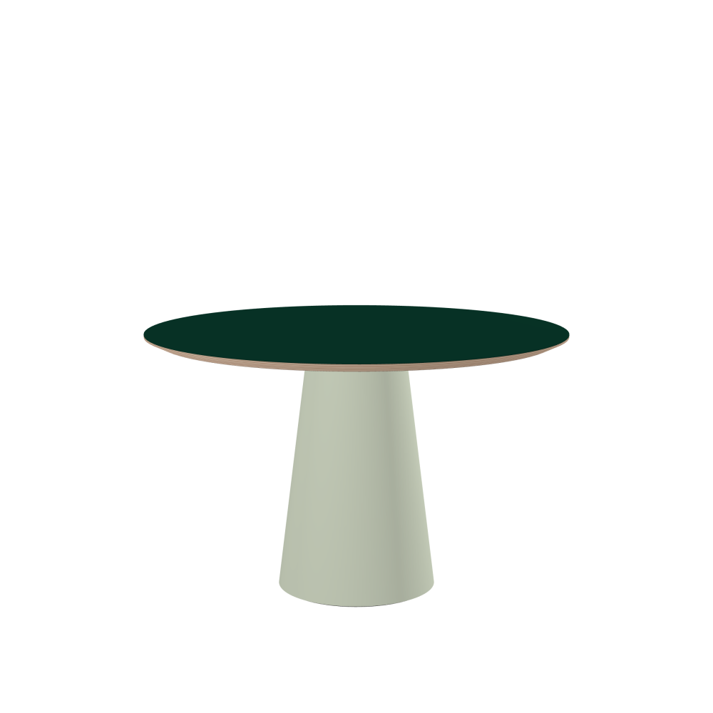 ALT Table - Shape Round - Length 120.00 cm - Width 120.00 cm - Thickness 2.6 cm - Freeform 1.00000000 - Surface Linoleum, 4174 Conifer - Core Birch Plywood - Profile Edge 25° / ALT Table Stand - Surface Linoleum, 4183 Pistachio - Size L: Ø 42 × H 72 cm