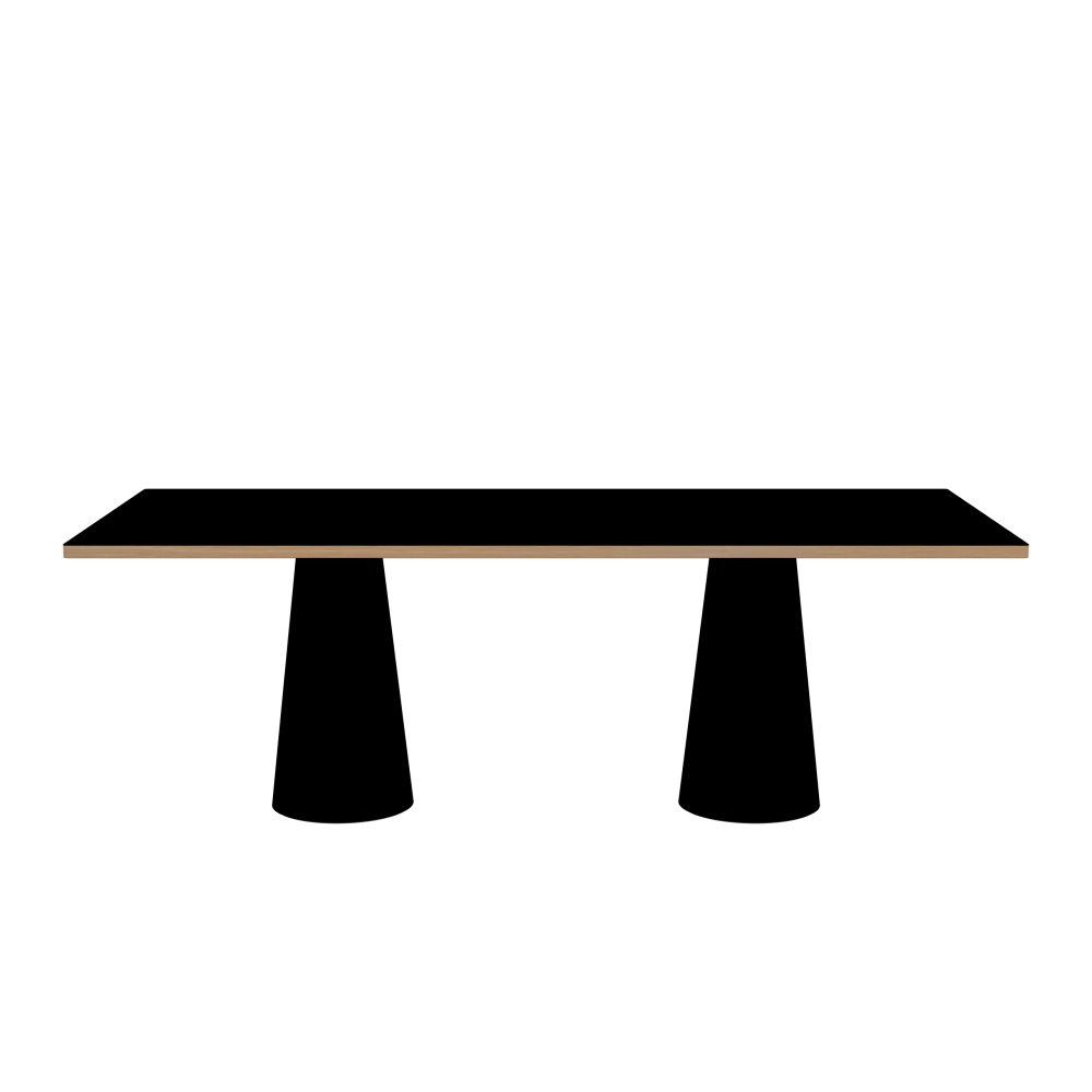 ALT Table - Shape Square - Length 220,00 cm - Width 100,00 cm - Radius 1,00 cm - Thickness 3 cm - Surface Linoleum, 4023 Nero - Core Laminboard - Edge Wood, Larch - Profile Edge 90° / ALT Table Stand - Surface Linoleum, 4023 Nero - Size S: Ø 36 × H 72 cm