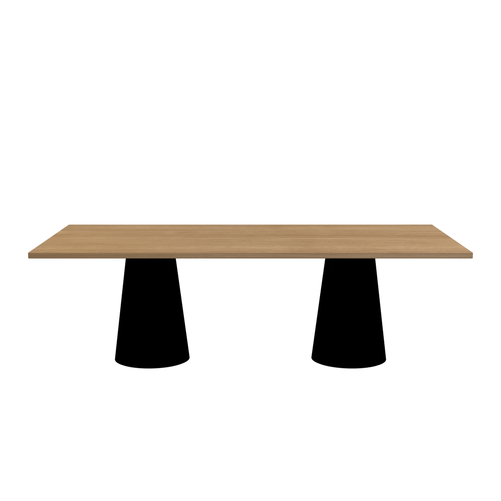 ALT Tisch - Form Eckig - Länge 240,00 cm - Tiefe 120,00 cm - Radius 1,00 cm - Stärke 2,9 cm - Oberseite Holzfurnier, Eiche - Kern Stäbchenplatte - Kante Holz, Eiche - Kantenschräge 90° / ALT Tischsäule - Oberseite Linoleum, 4023 Nero - Größe L: Ø 42 × H 72 cm