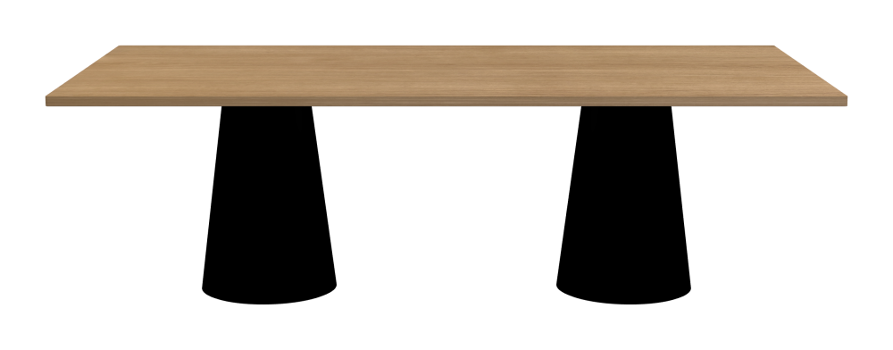 ALT Tisch - Form Eckig - Länge 240,00 cm - Tiefe 120,00 cm - Radius 1,00 cm - Stärke 2,9 cm - Oberseite Holzfurnier, Eiche - Kern Stäbchenplatte - Kante Holz, Eiche - Kantenschräge 90° / ALT Tischsäule - Oberseite Linoleum, 4023 Nero - Größe L: Ø 42 × H 72 cm