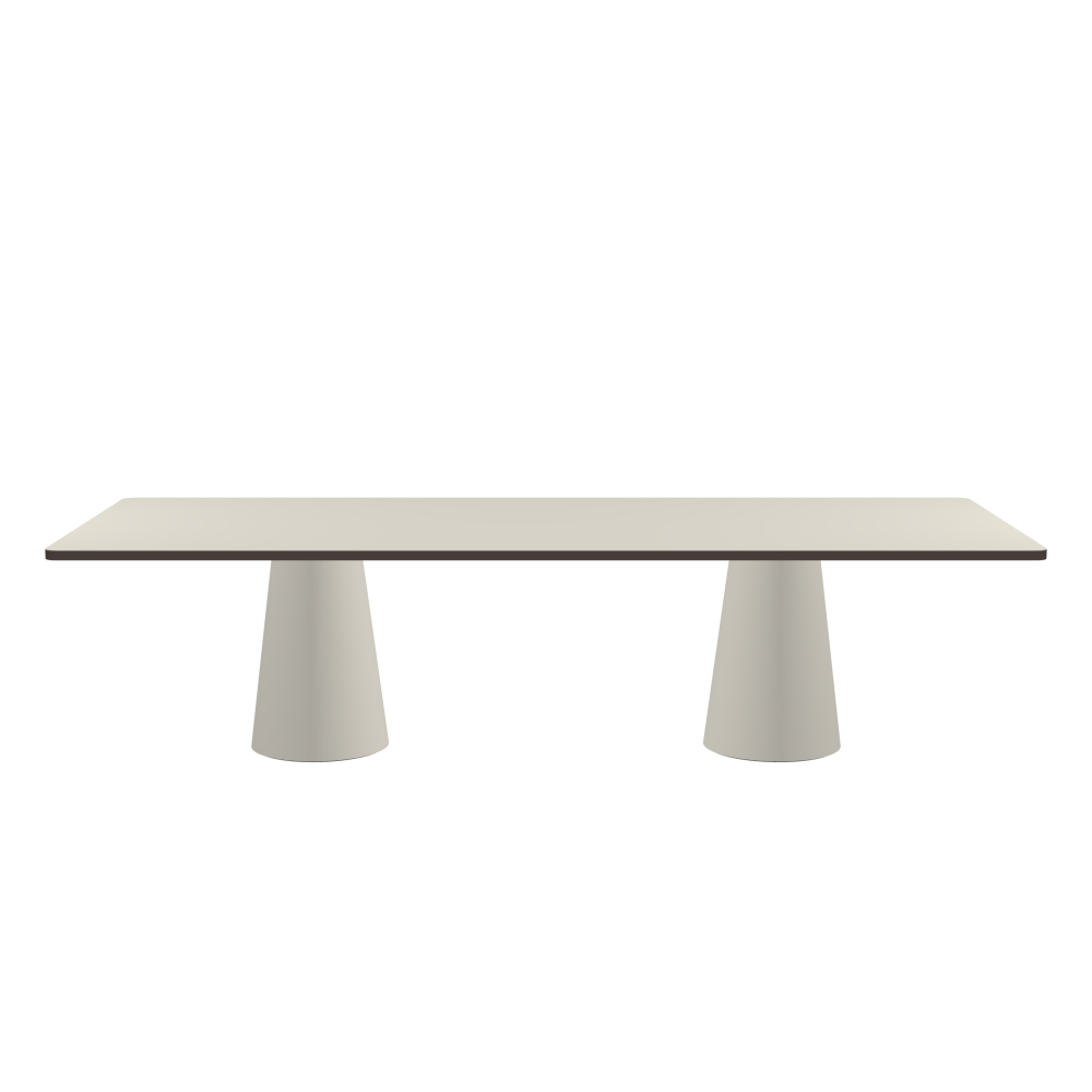 ALT Tisch - Form Eckig - Länge 300,00 cm - Tiefe 120,00 cm - Radius 4,00 cm - Stärke 3 cm - Oberseite Linoleum, 4176 Mushroom - Kern Stäbchenplatte - Kante Linoleum, 4172 Mauve - Kantenschräge 90° / ALT Tischsäule - Oberseite Linoleum, 4176 Mushroom - Größe L: Ø 42 × H 72 cm