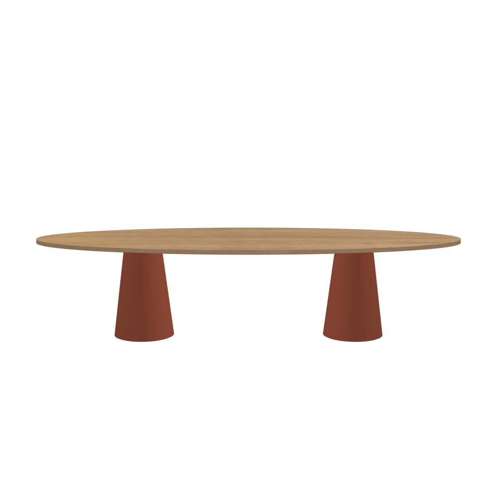 ALT Tisch - Form Rund - Länge 320,00 cm - Tiefe 120,00 cm - Stärke 2,9 cm - Freiformfläche 1.00000000 - Oberseite Holzfurnier, Eiche - Kern Stäbchenplatte - Kante Holz, Eiche - Kantenschräge 90° / ALT Tischsäule - Oberseite Linoleum, 4008 Brick - Größe L: Ø 42 × H 72 cm