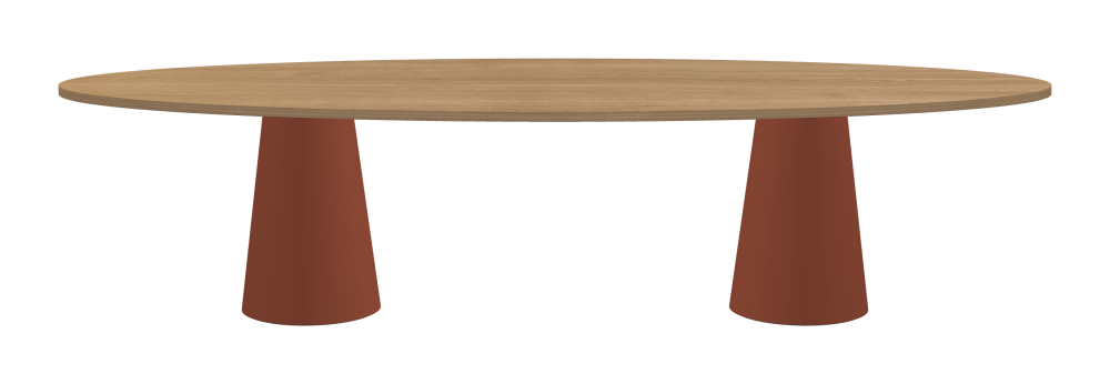 ALT Tisch - Form Rund - Länge 320,00 cm - Tiefe 120,00 cm - Stärke 2,9 cm - Freiformfläche 1.00000000 - Oberseite Holzfurnier, Eiche - Kern Stäbchenplatte - Kante Holz, Eiche - Kantenschräge 90° / ALT Tischsäule - Oberseite Linoleum, 4008 Brick - Größe L: Ø 42 × H 72 cm