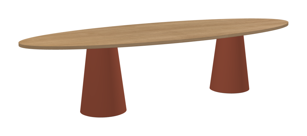 ALT Tisch - Form Rund - Länge 320,00 cm - Tiefe 120,00 cm - Stärke 2,9 cm - Freiformfläche 1.00000000 - Oberseite Holzfurnier, Eiche - Kern Stäbchenplatte - Kante Holz, Eiche - Kantenschräge 90° / ALT Tischsäule - Oberseite Linoleum, 4008 Brick - Größe L: Ø 42 × H 72 cm