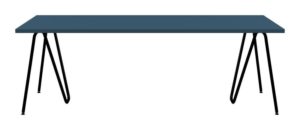 SINUS Tisch - Form Eckig - Länge 220,00 cm - Tiefe 90,00 cm - Radius 0,30 cm - Stärke 3 cm - Oberseite Linoleum, 4005 Denim - Kern Stäbchenplatte - Kante Linoleum, 4005 Denim - Kantenschräge 90° / SINUS Tischböcke - Material und Farbe Stahl, Pulverbeschichtet, Tiefschwarz (RAL 9005) - Größe L: L 74 × B 36 × H 72 cm