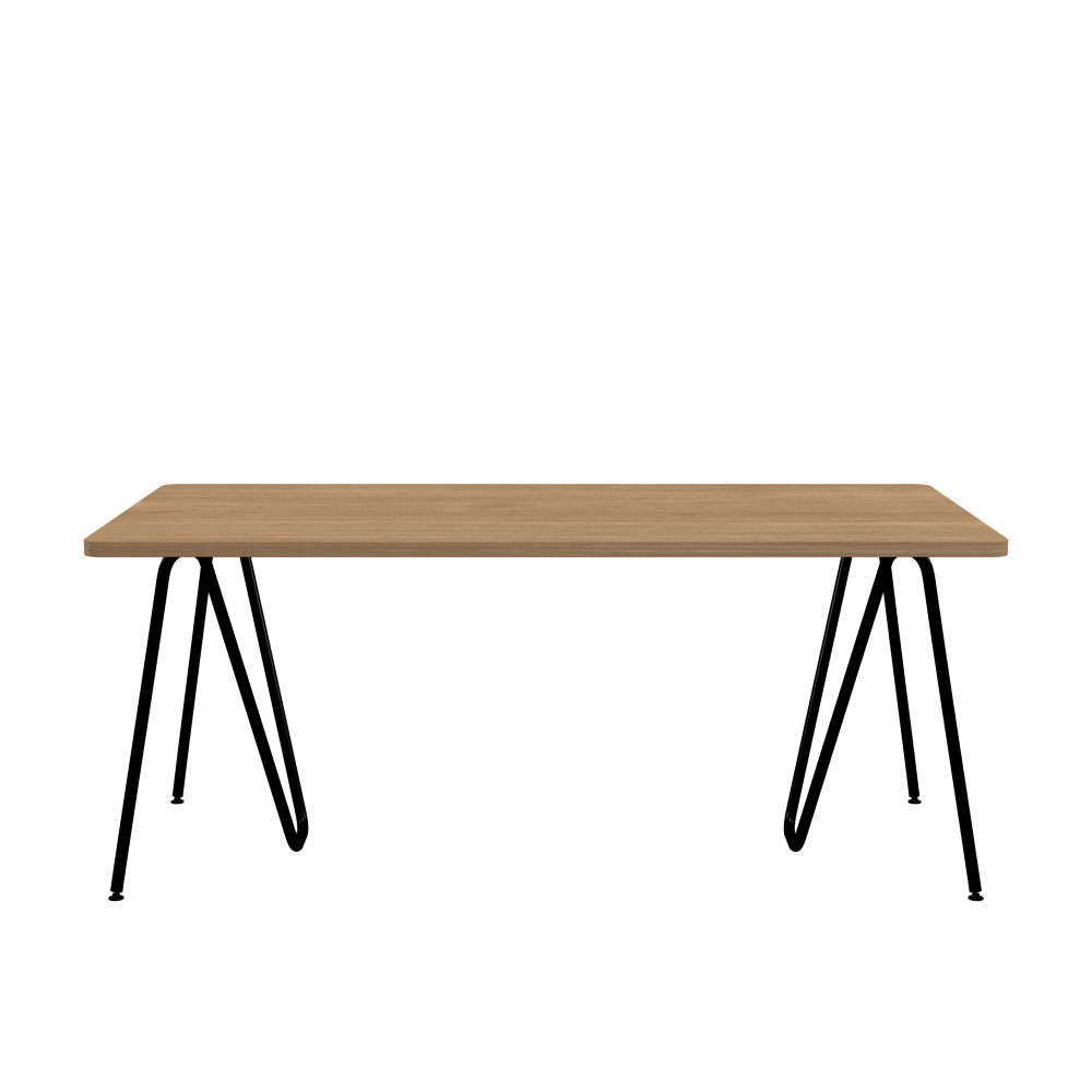 SINUS Tisch - Form Eckig - Länge 180,00 cm - Tiefe 90,00 cm - Radius 4,00 cm - Stärke 2,9 cm - Oberseite Holzfurnier, Eiche - Kern Stäbchenplatte - Kante Holz, Eiche - Kantenschräge 90° / SINUS Tischböcke - Material und Farbe Stahl, Pulverbeschichtet, Tiefschwarz (RAL 9005) - Größe L: L 74 × B 36 × H 72 cm