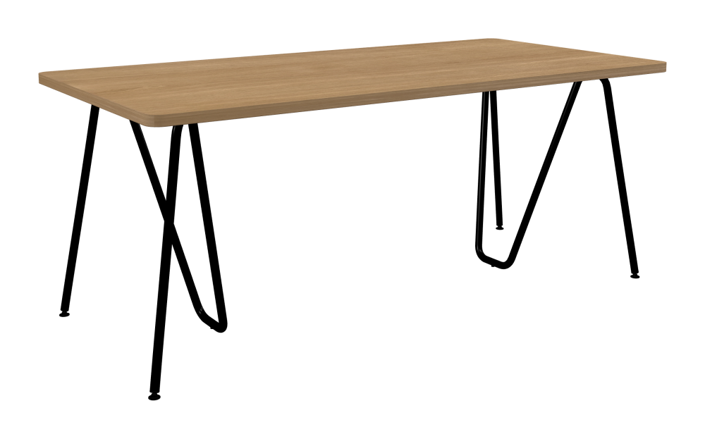 SINUS Tisch - Form Eckig - Länge 180,00 cm - Tiefe 90,00 cm - Radius 4,00 cm - Stärke 2,9 cm - Oberseite Holzfurnier, Eiche - Kern Stäbchenplatte - Kante Holz, Eiche - Kantenschräge 90° / SINUS Tischböcke - Material und Farbe Stahl, Pulverbeschichtet, Tiefschwarz (RAL 9005) - Größe L: L 74 × B 36 × H 72 cm