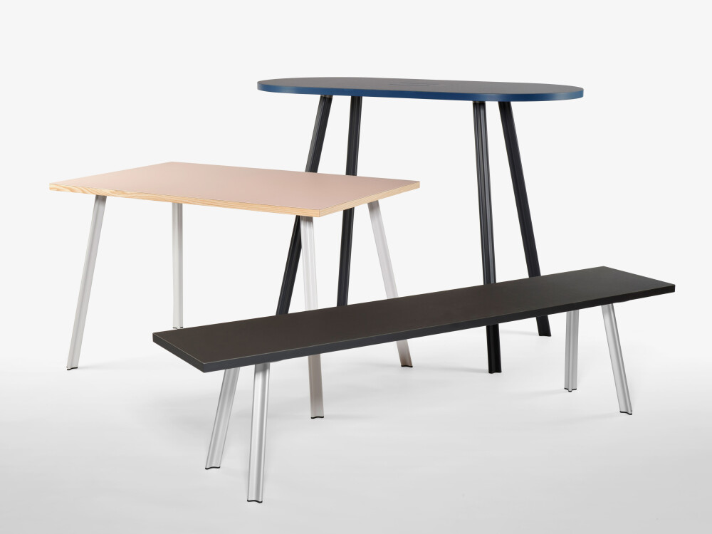 Furniture from the BEAM family – bench, table and high table – with linoleum surfaces and powder-coated steel legs.