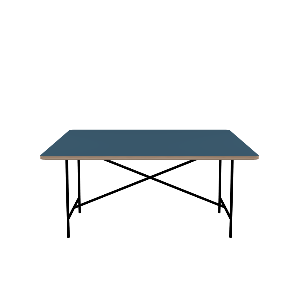 E2 Tisch - Form Eckig - Länge 160,00 cm - Tiefe 160,00 cm - Radius 4,00 cm - Stärke 2,6 cm - Freiformfläche 1.00000000 - Oberseite Linoleum, 4005 Denim - Kern Multiplex Birke - Kantenschräge 90° / E2 Tischgestell - Material und Farbe Stahl, Tiefschwarz (RAL 9005) - Kreuzstreben Mittig - Länge 135 cm - Breite 78 cm - Höhe 72 cm