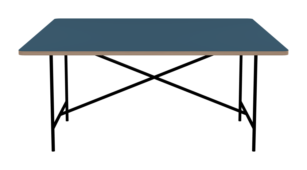 E2 Table - Shape Square - Length 160.00 cm - Width 160.00 cm - Radius 4.00 cm - Thickness 2.6 cm - Freeform 1.00000000 - Surface Linoleum, 4005 Denim - Core Birch Plywood - Profile Edge 90° / E2 Table Frame - Material and Colour Steel, Jet black (RAL 9005) - Cross bar Centered - Length 135 cm - Width 78 cm - Height 72 cm