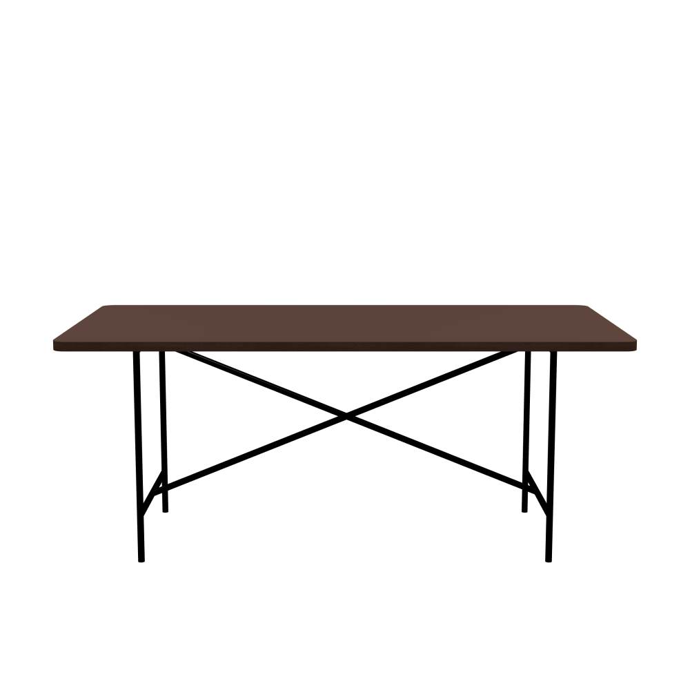 E2 Tisch - Form Eckig - Länge 180,00 cm - Tiefe 90,00 cm - Radius 4,00 cm - Stärke 3 cm - Oberseite Linoleum, 4009 Espresso - Kern Stäbchenplatte - Kante Holz, Räuchereiche - Kantenschräge 90° / E2 Tischgestell - Material und Farbe Stahl, Tiefschwarz (RAL 9005) - Kreuzstreben Mittig - Länge 135 cm - Breite 60 cm - Höhe 72 cm