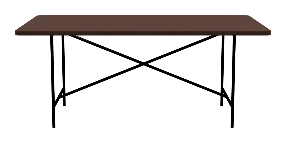 E2 Table - Shape Square - Length 180.00 cm - Width 90.00 cm - Radius 4.00 cm - Thickness 3 cm - Surface Linoleum, 4009 Espresso - Core Laminboard - Edge Wood, Fumed Oak - Profile Edge 90° / E2 Table Frame - Material and Colour Steel, Jet black (RAL 9005) - Cross bar Centered - Length 135 cm - Width 60 cm - Height 72 cm